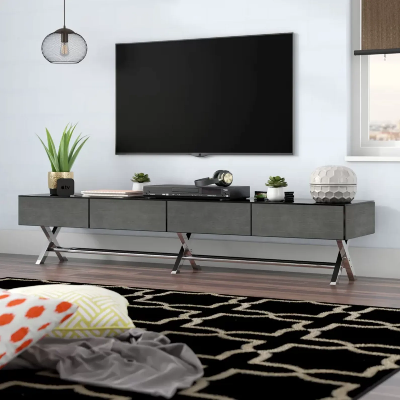 La Rochelle | Modern Luxury Black & Gray Mirror w/ Chrome Legs TV Stand