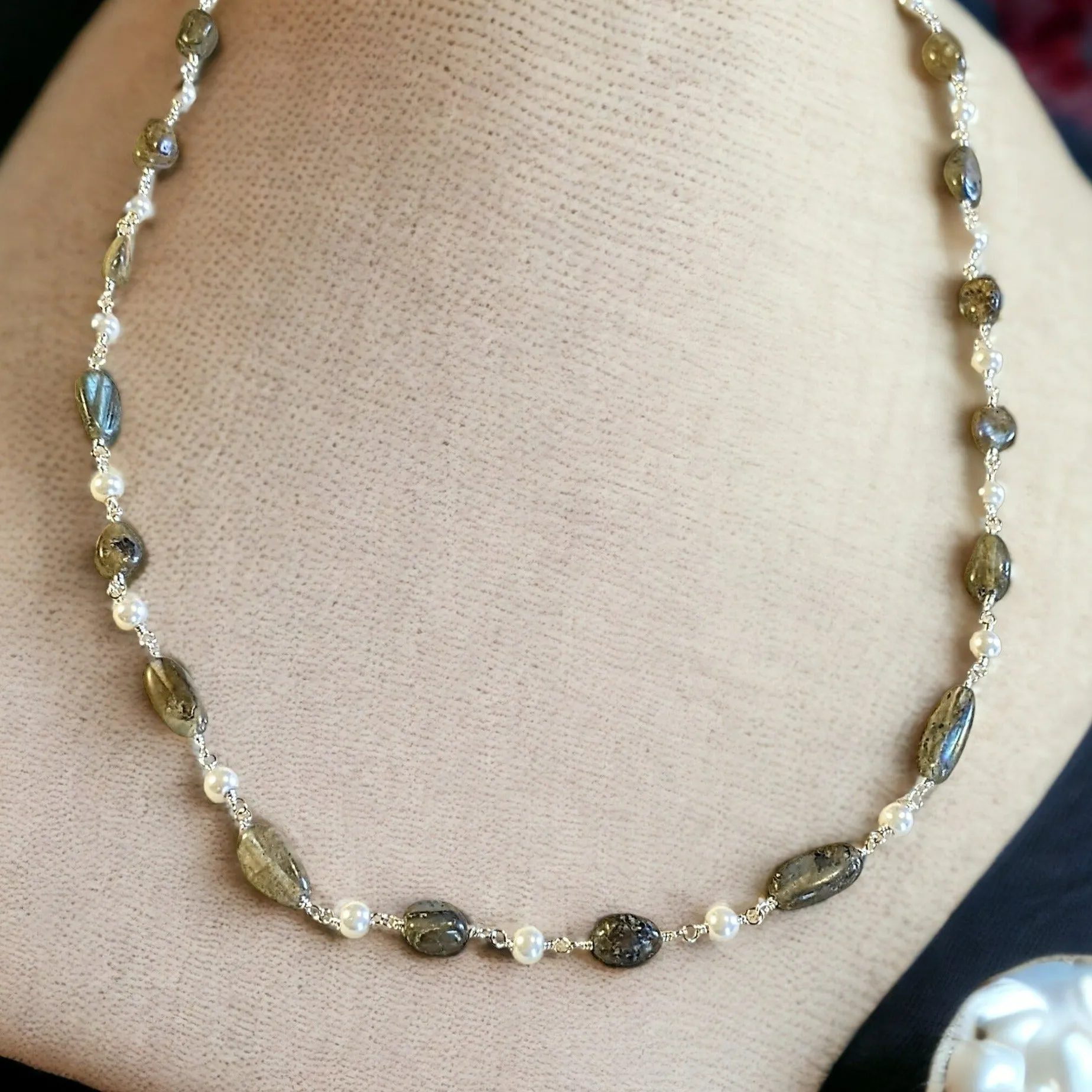 Labradorite Oval Bead and Pearl Necklace, 20 inch