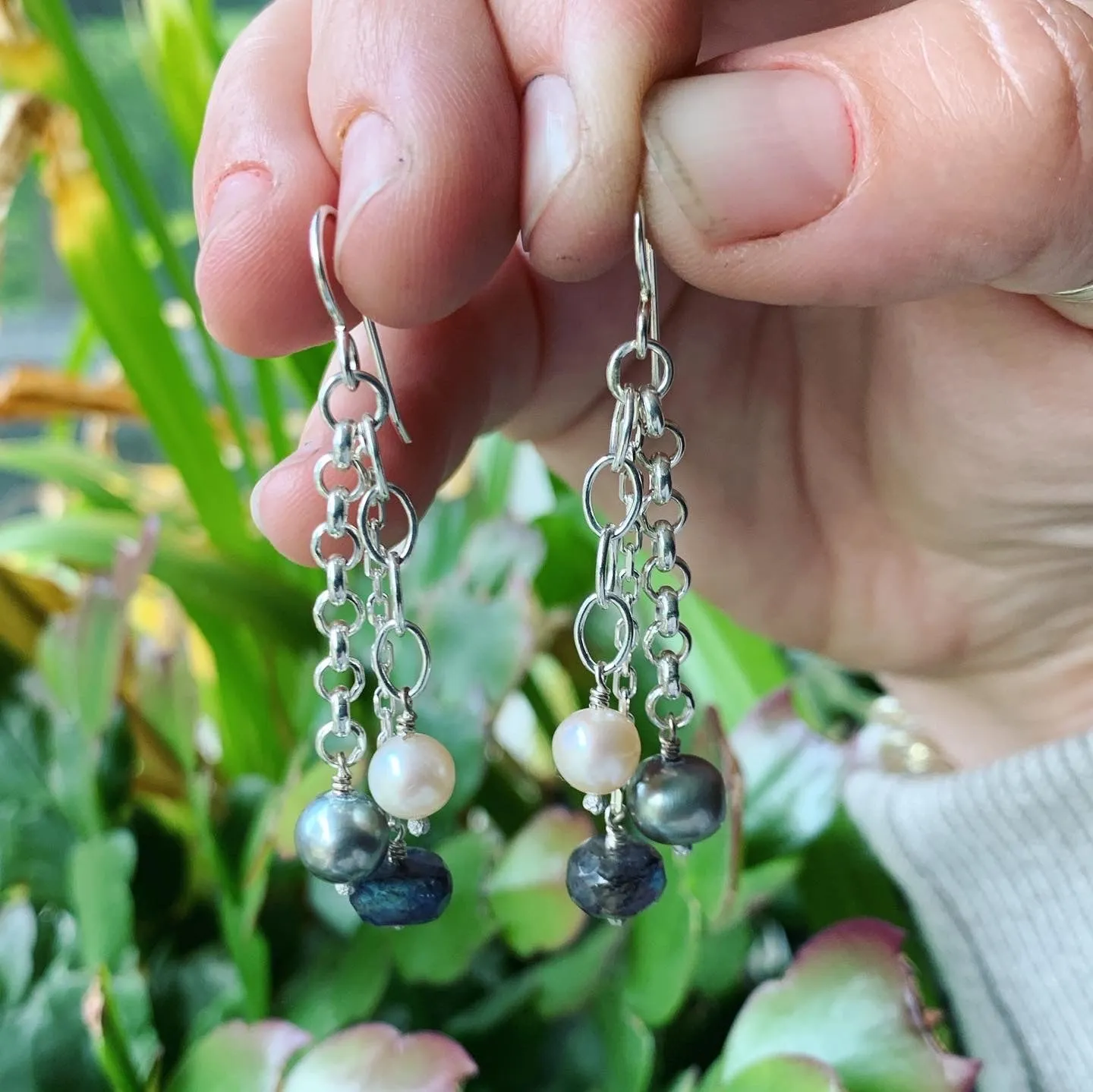 Labradorite, Pearl and Sterling Silver Earrings