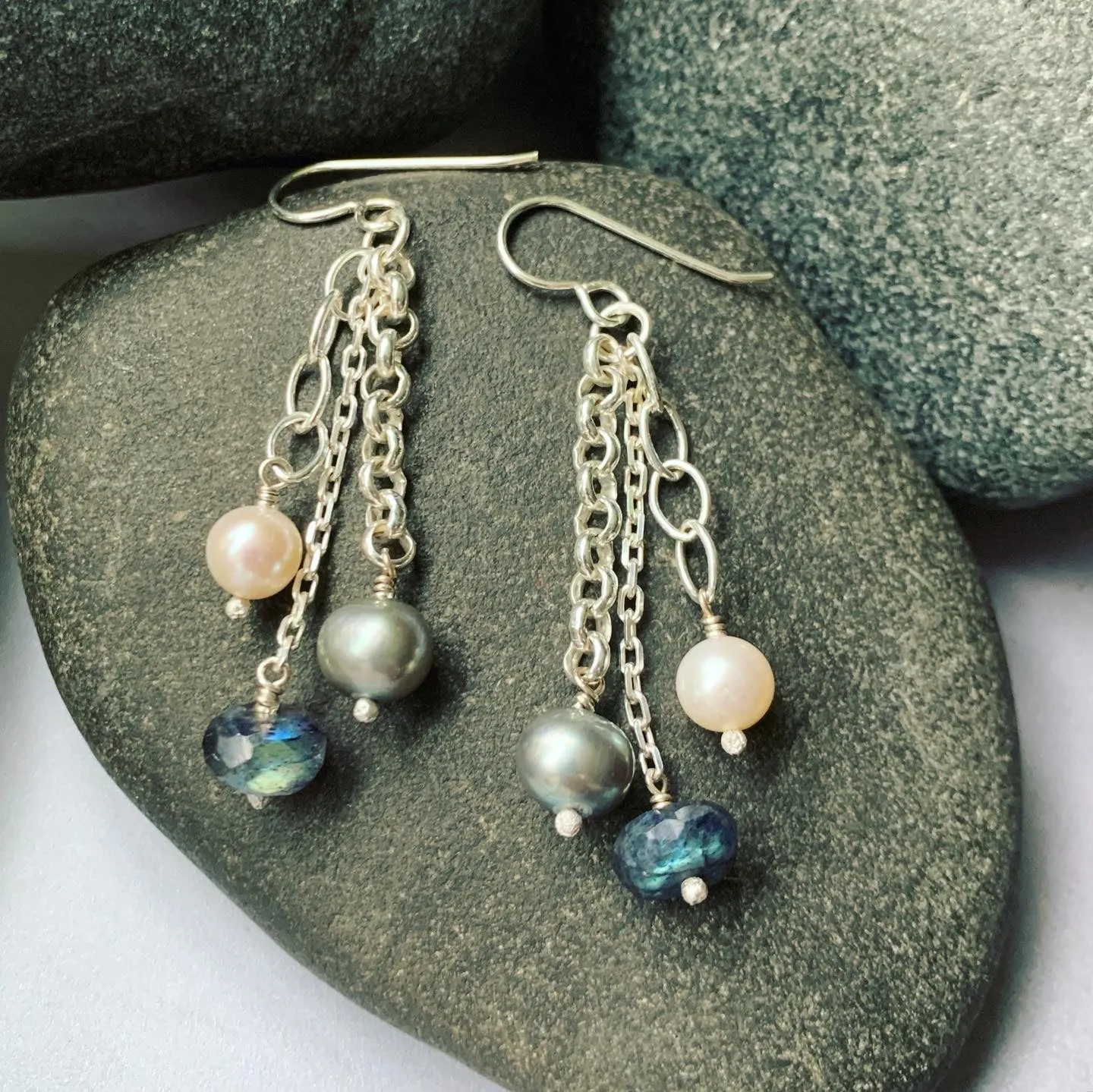 Labradorite, Pearl and Sterling Silver Earrings