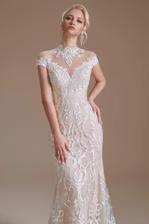 Lace Beading around Neck Wedding Dresses