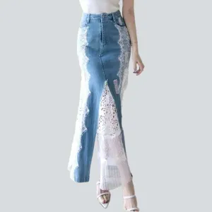 Lace embroidery long denim skirt