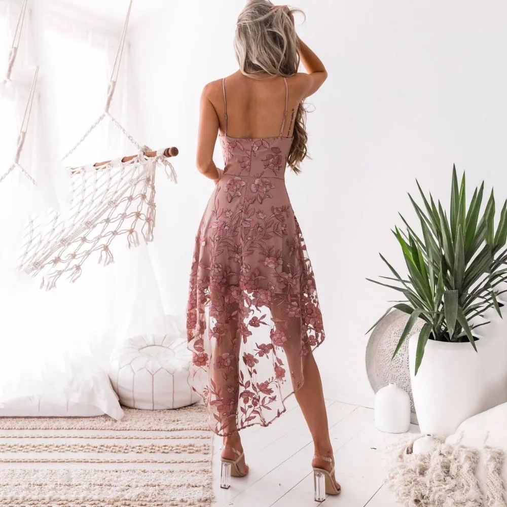 LACE EMBROIDERY V-NECK SPAGHETTI STRAPS MINI DRESS COCKTAIL DRESS