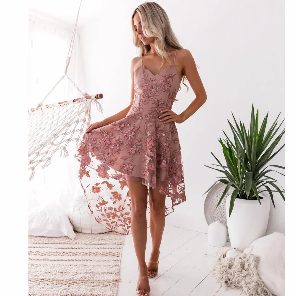 LACE EMBROIDERY V-NECK SPAGHETTI STRAPS MINI DRESS COCKTAIL DRESS