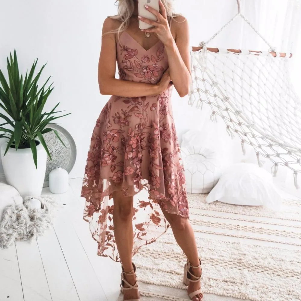 LACE EMBROIDERY V-NECK SPAGHETTI STRAPS MINI DRESS COCKTAIL DRESS