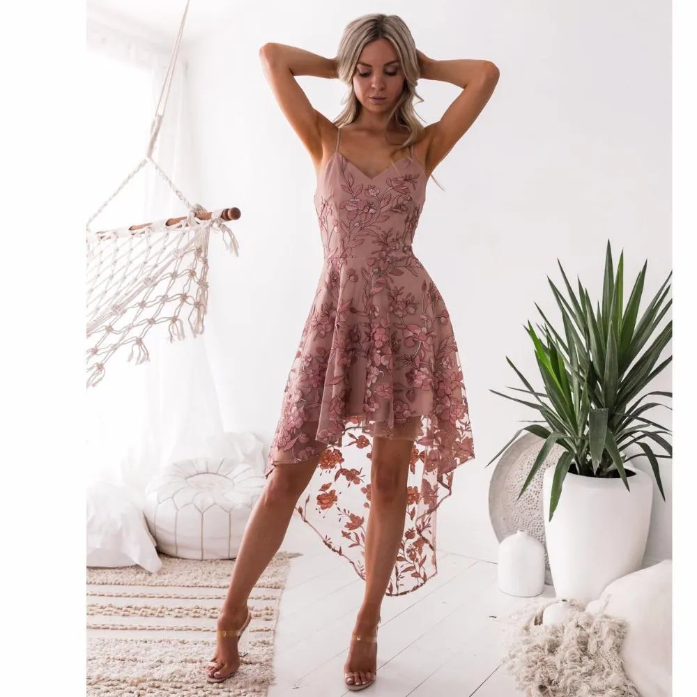 LACE EMBROIDERY V-NECK SPAGHETTI STRAPS MINI DRESS COCKTAIL DRESS