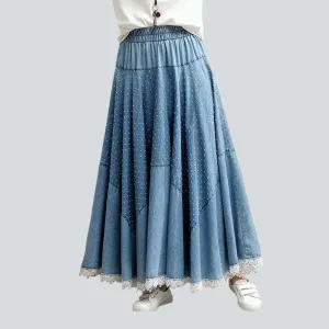 Lace hem embroidered denim skirt