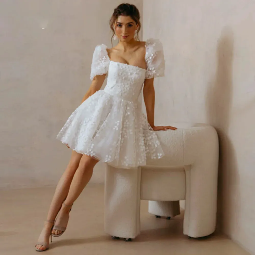 Lace Mini Wedding Dress with Puffy Sleeves & Backless Design