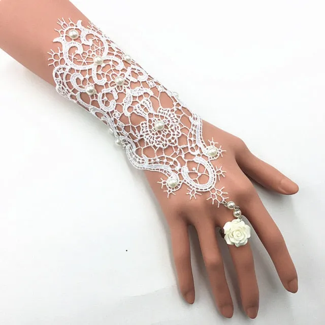 Lace Pearl Rhinestones Bridal Opera Fingerless Gloves with Ring Finger Rose Accent