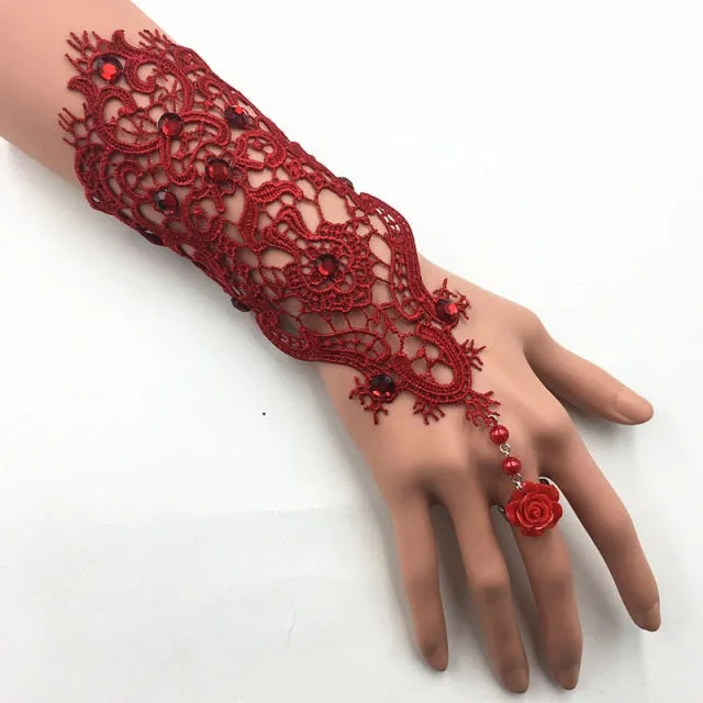 Lace Pearl Rhinestones Bridal Opera Fingerless Gloves with Ring Finger Rose Accent