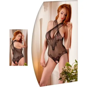 Lace Seamless Net Bodysuit with Open Crotch and Straps