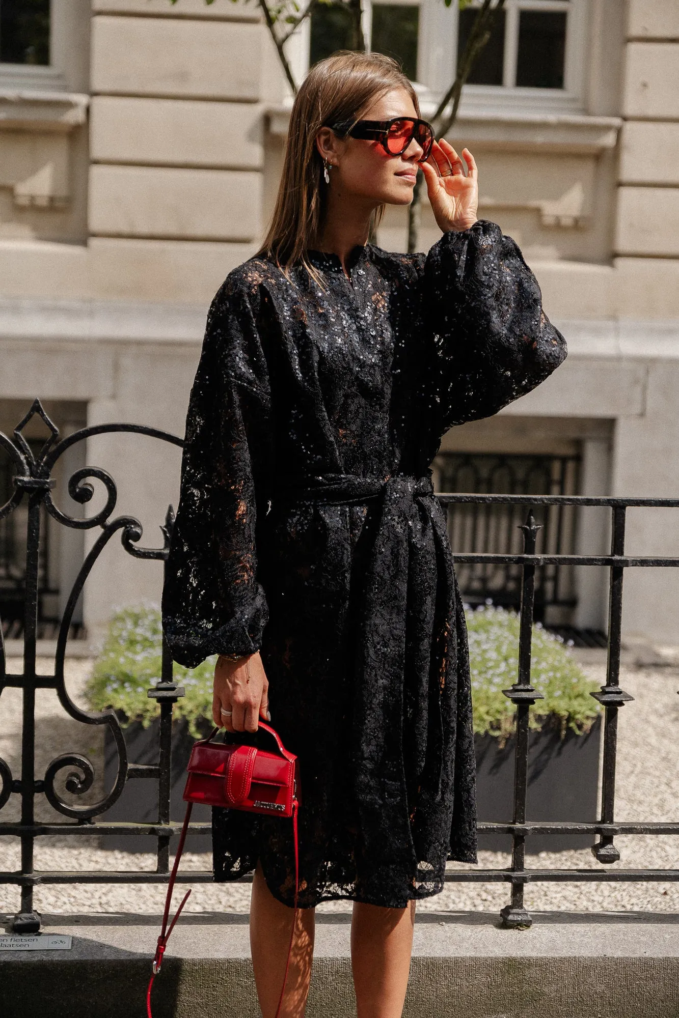 Lace sequins shirt dress black