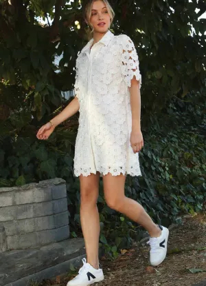 Lace Split Neck Cinch Waist Dress in Off White by Umgee