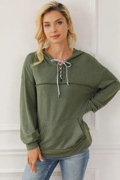 Lace-Up Exposed Seam Hoodie with Pocket