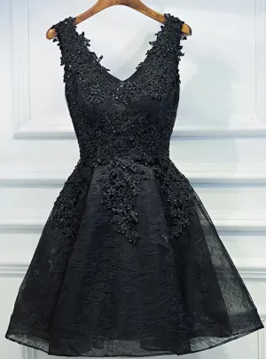 Lace V-neckline Short Black Lace Prom Dresses, Black Homecoming Dresses