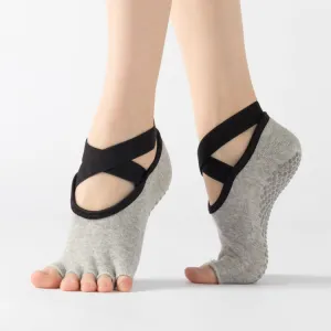 Lace Yoga Socks Non-Slip Five Finger Sports Cotton Socks Fashion Open Toe Dance Socks, Size: One Size(Light Grey)