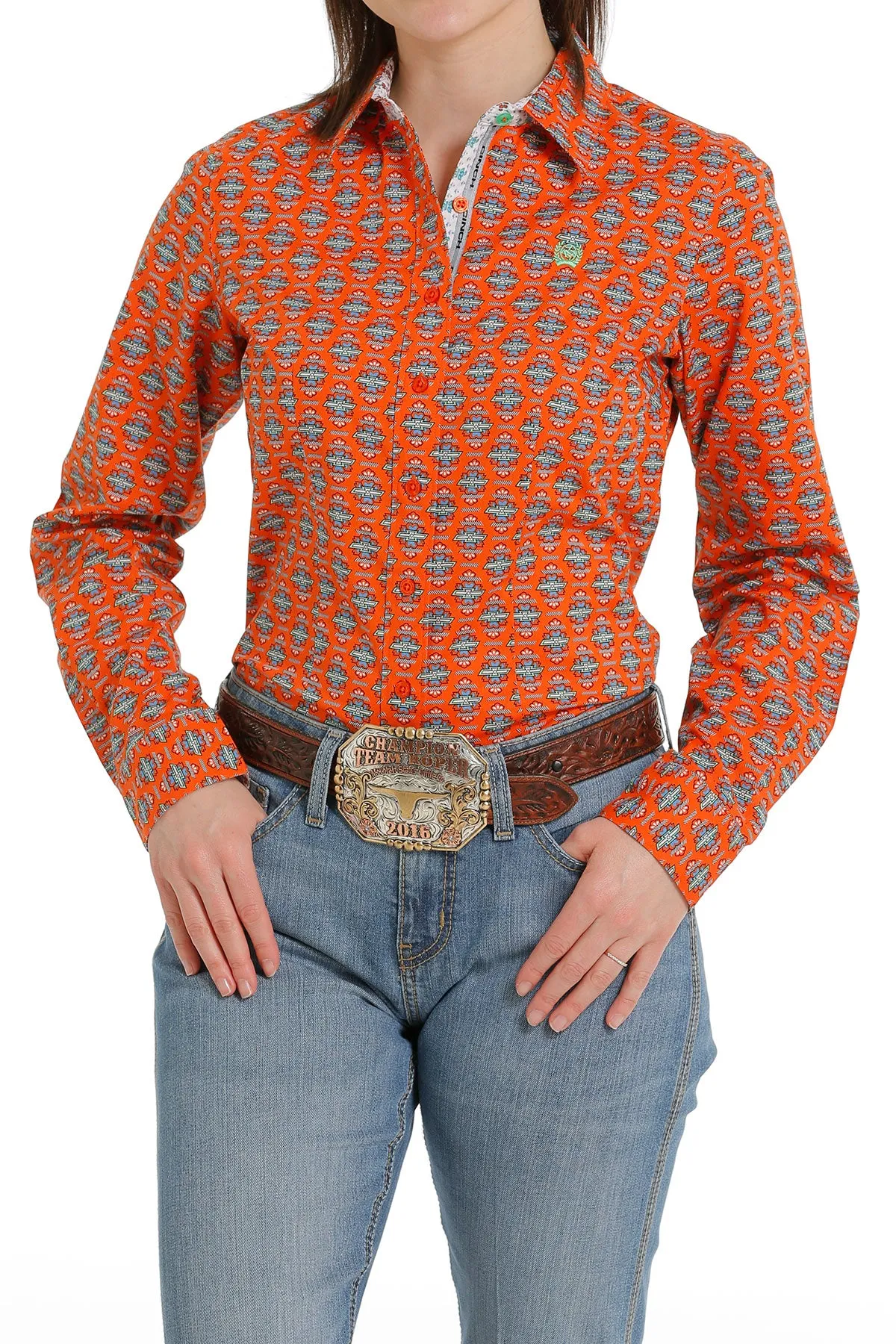 Ladies Cinch Orange Geometric Print Button-Down Blouse