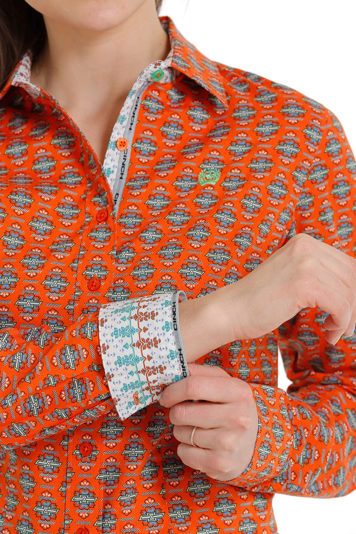 Ladies Cinch Orange Geometric Print Button-Down Blouse