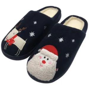 Ladies Navy Christmas Holiday Slippers with Santa & Reindeer - Size Large