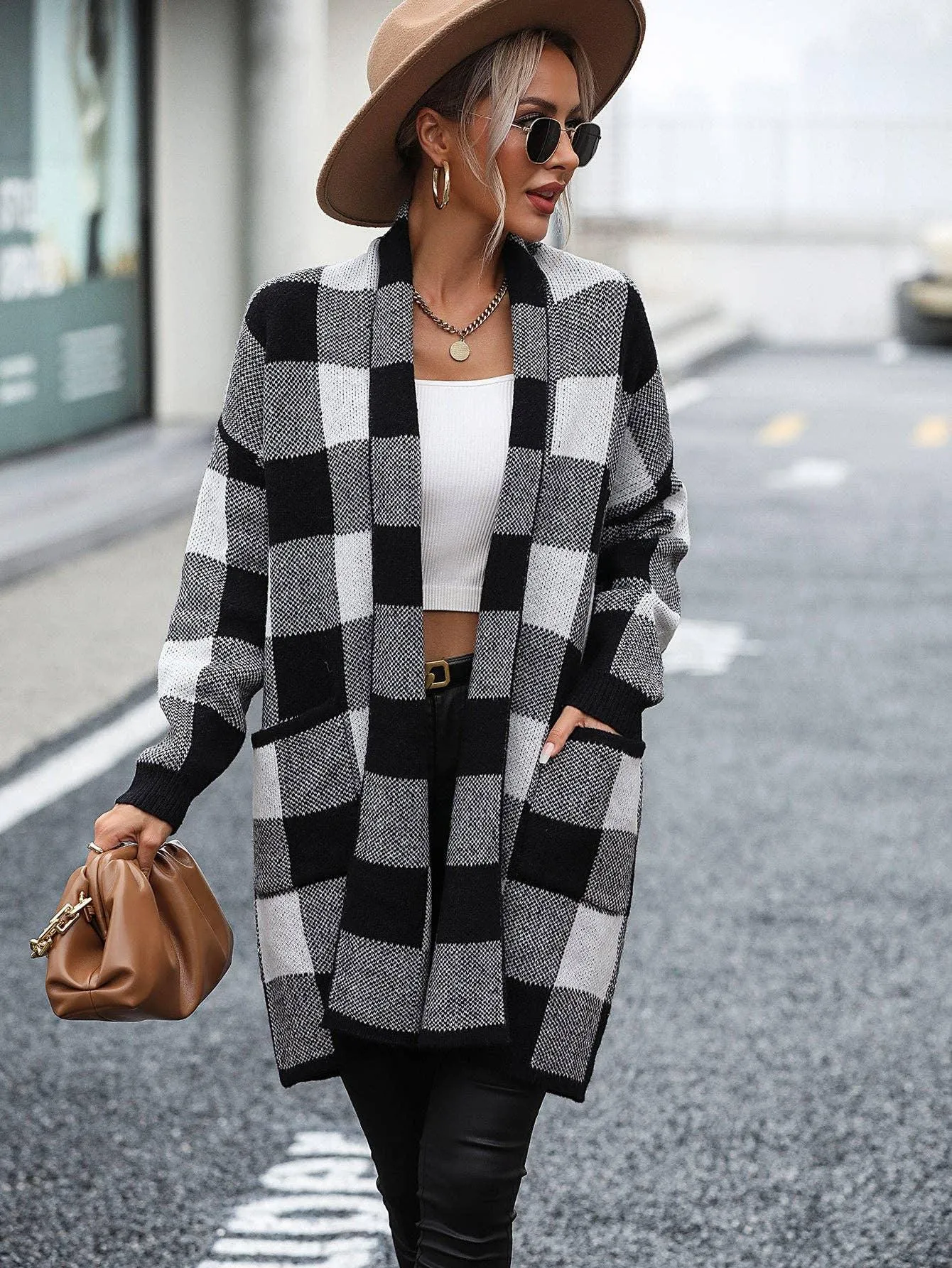 Ladies Plaid Daily Short Knit Cardigan E2310