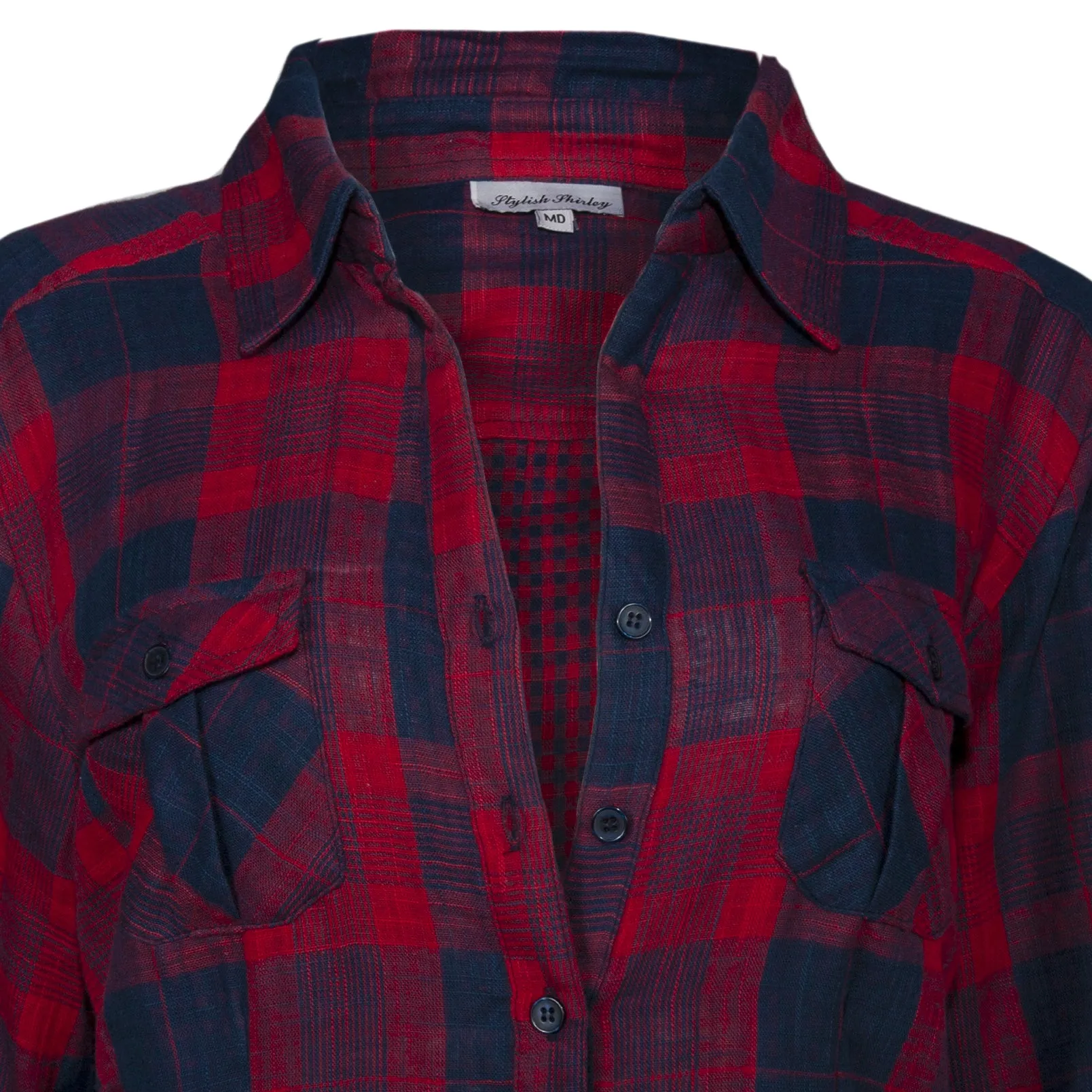 Ladies Roll Up Sleeve, Double Faced Plaid Button Down, Cotton Shirt. Red/Navy. Style# 8469