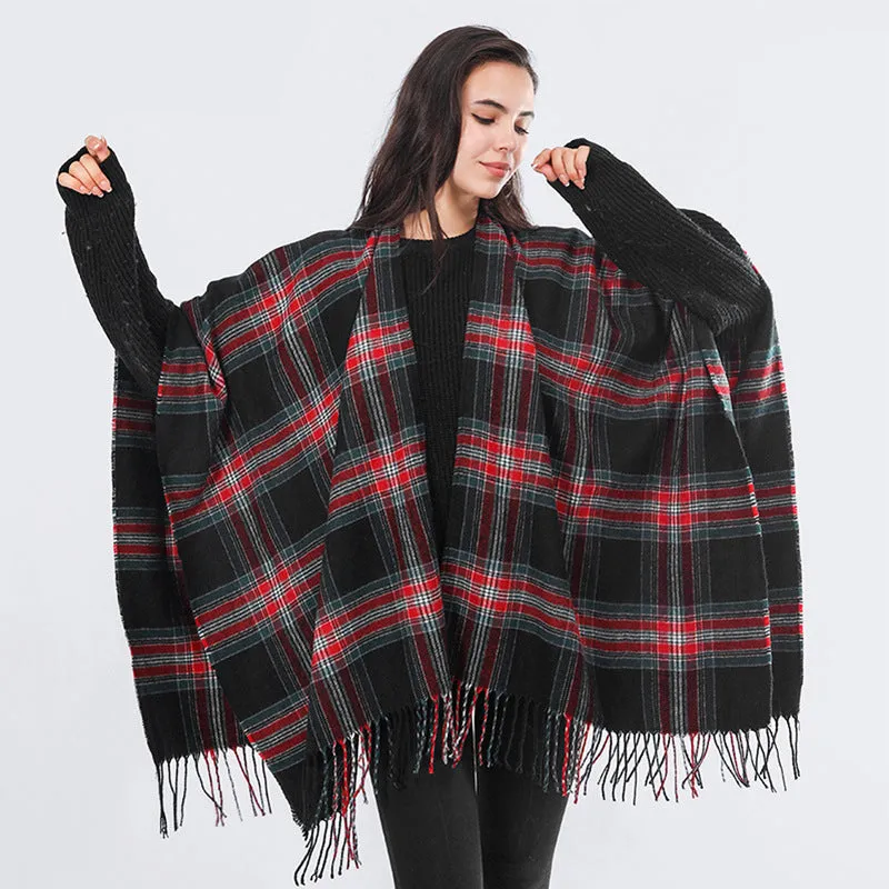 Ladies Scarf Autumn Winter Cashmere Plaid Tassel Slit Shawl Imitation Cashmere