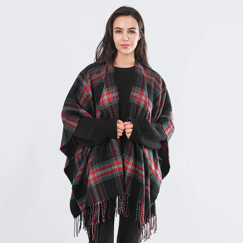 Ladies Scarf Autumn Winter Cashmere Plaid Tassel Slit Shawl Imitation Cashmere