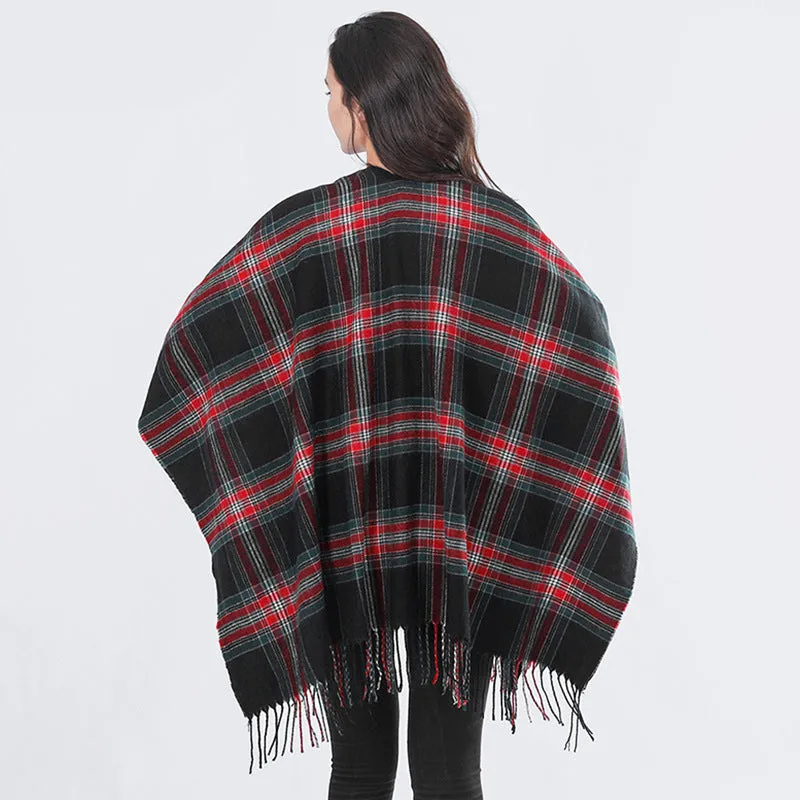 Ladies Scarf Autumn Winter Cashmere Plaid Tassel Slit Shawl Imitation Cashmere