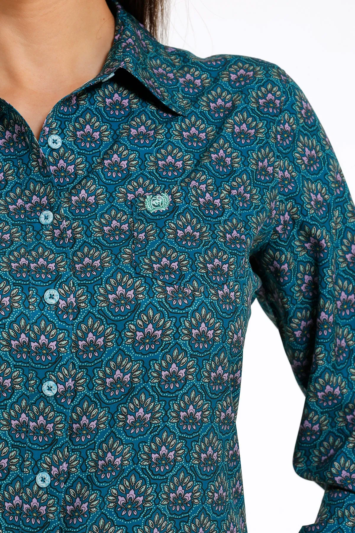 Ladies Teal/Lilac Floral Print Cinch ArenaFlex Button-Down Blouse