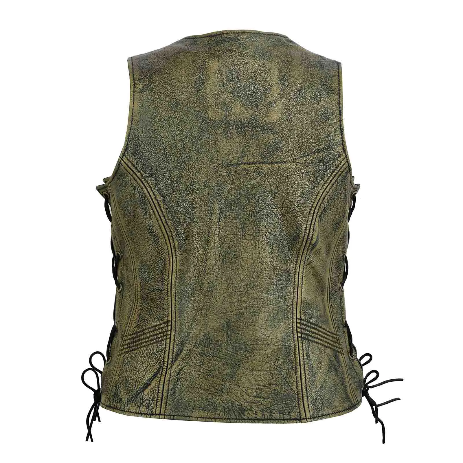 Ladies Vintage Brown Biker Leather Waistcoat Side Lace Vest