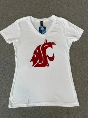 Ladies White WSU V-Neck T-Shirt