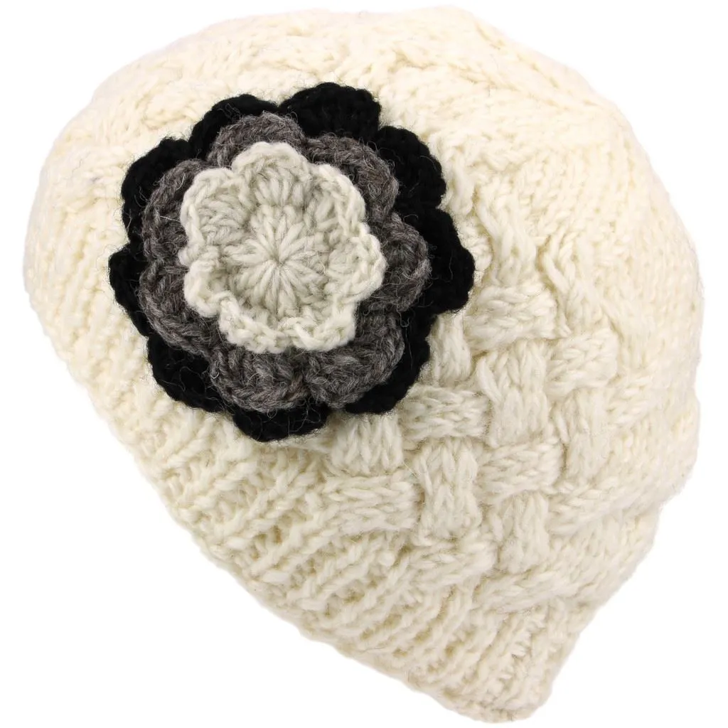 Ladies Wool Cable Knit Beanie Hat with Contrast Flower - Off White