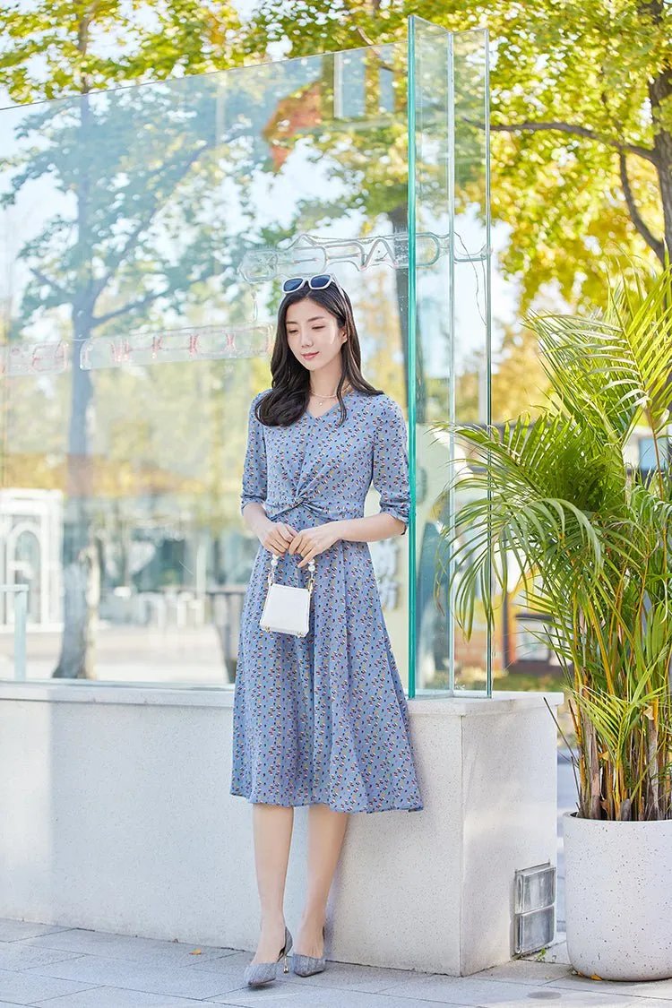 Lake Blue Silk Waist Dress Midi Sleeve