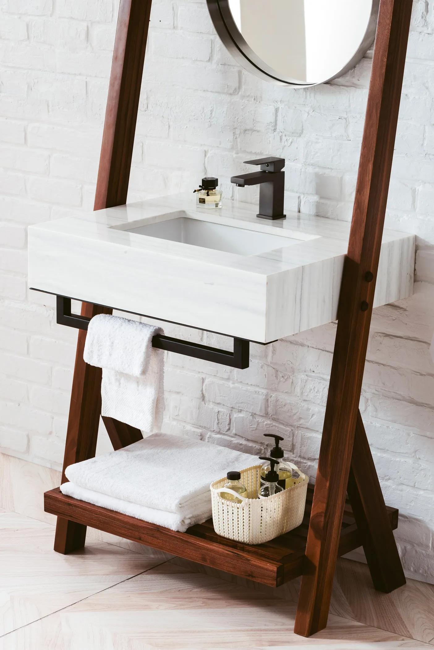 Lakeside 30" Single Vanity in Mid Century Walnut w/ Arctic Fall Solid Surface Top