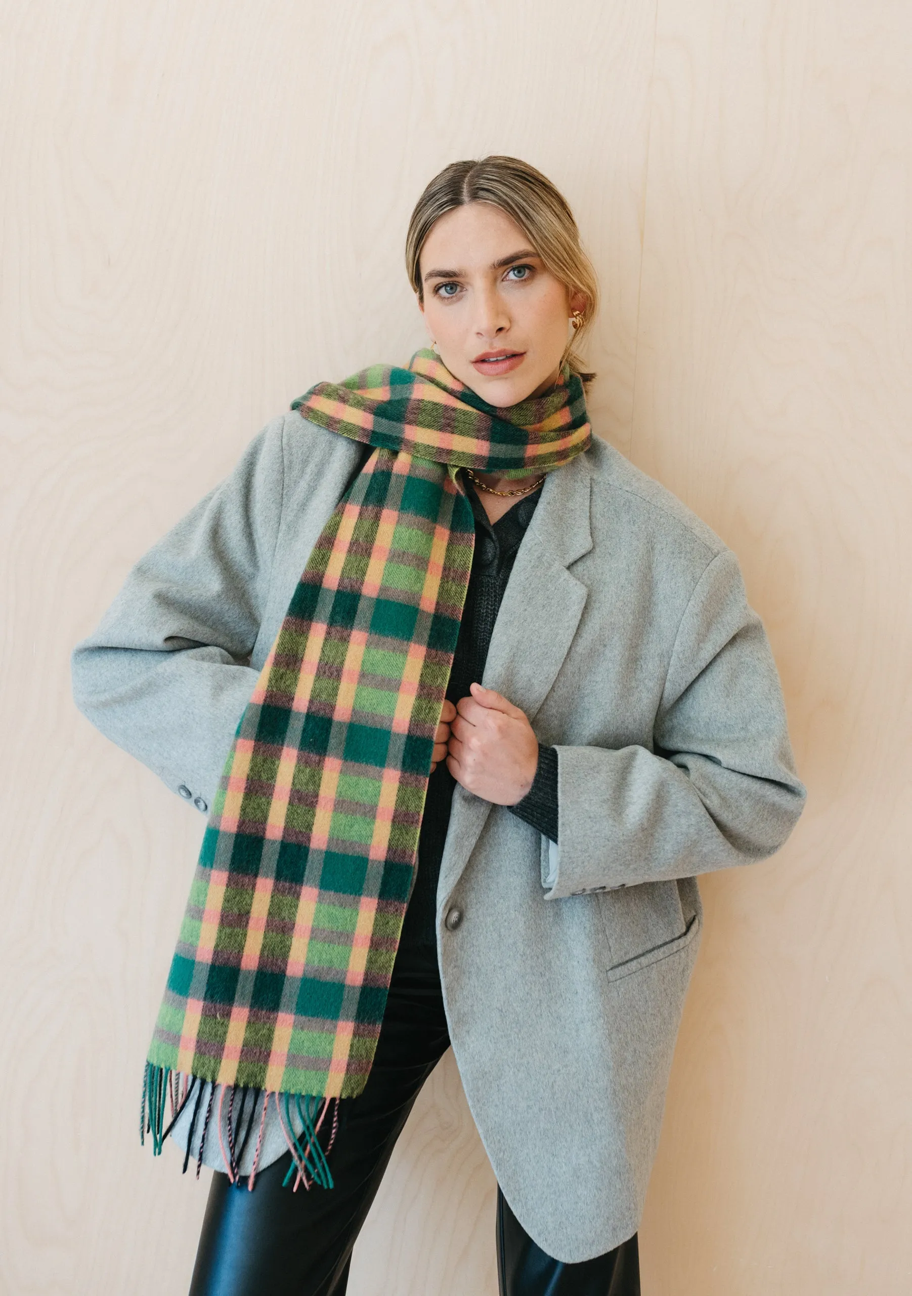 Lambswool Oversized Scarf in Lime Multi Check