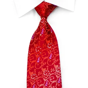 Lancetti Men's Rhinestone Silk Necktie Acanthus Vines On Red With Sparkles