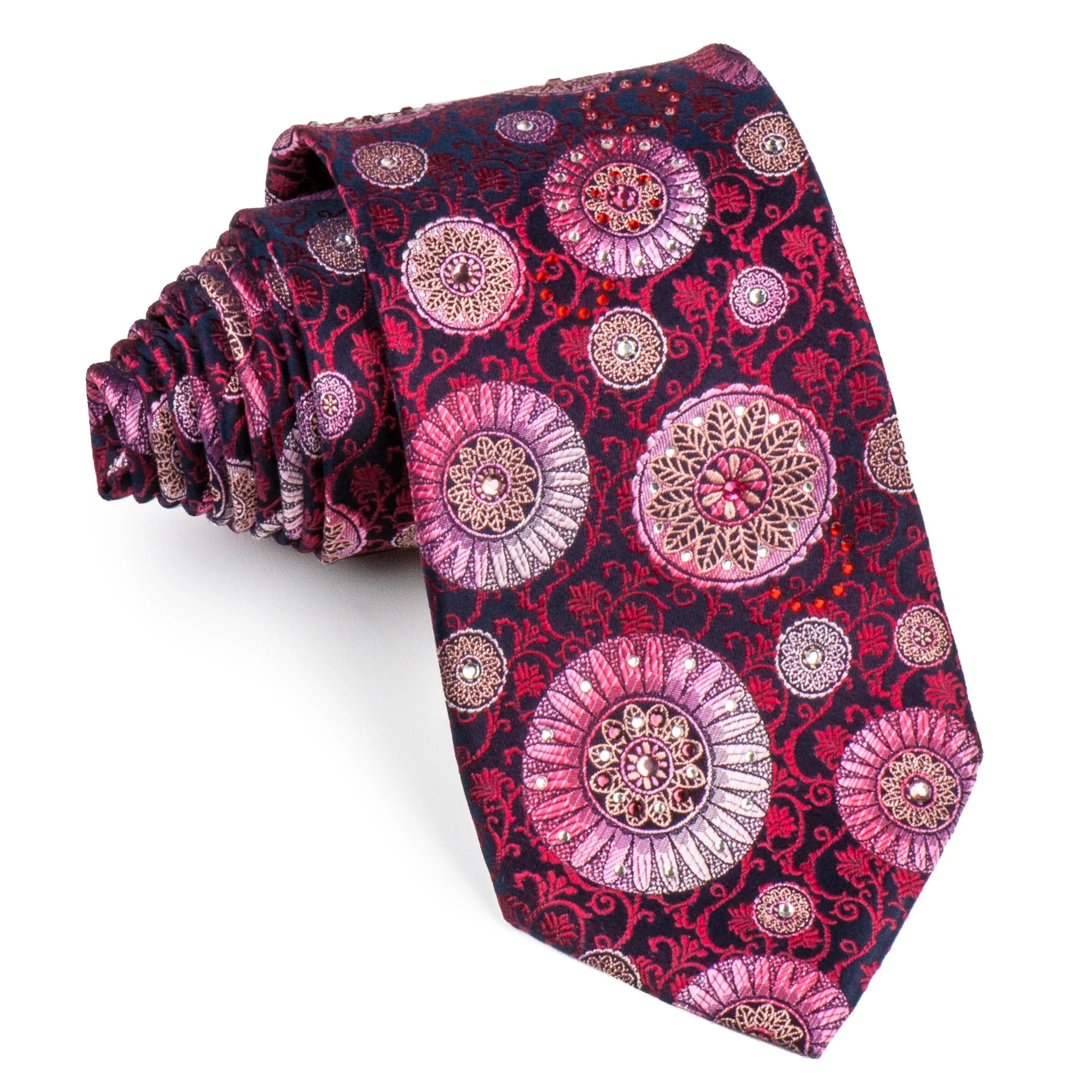 Lancetti Rhinestone Silk Neck Tie Silver Pink Madalions & Red Vines On Burgundy