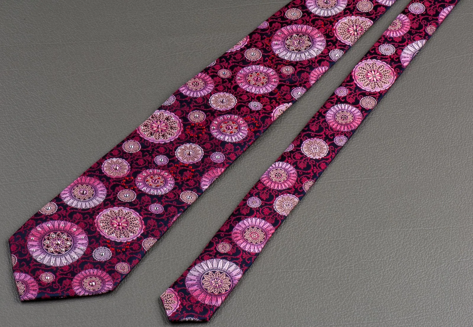 Lancetti Rhinestone Silk Neck Tie Silver Pink Madalions & Red Vines On Burgundy