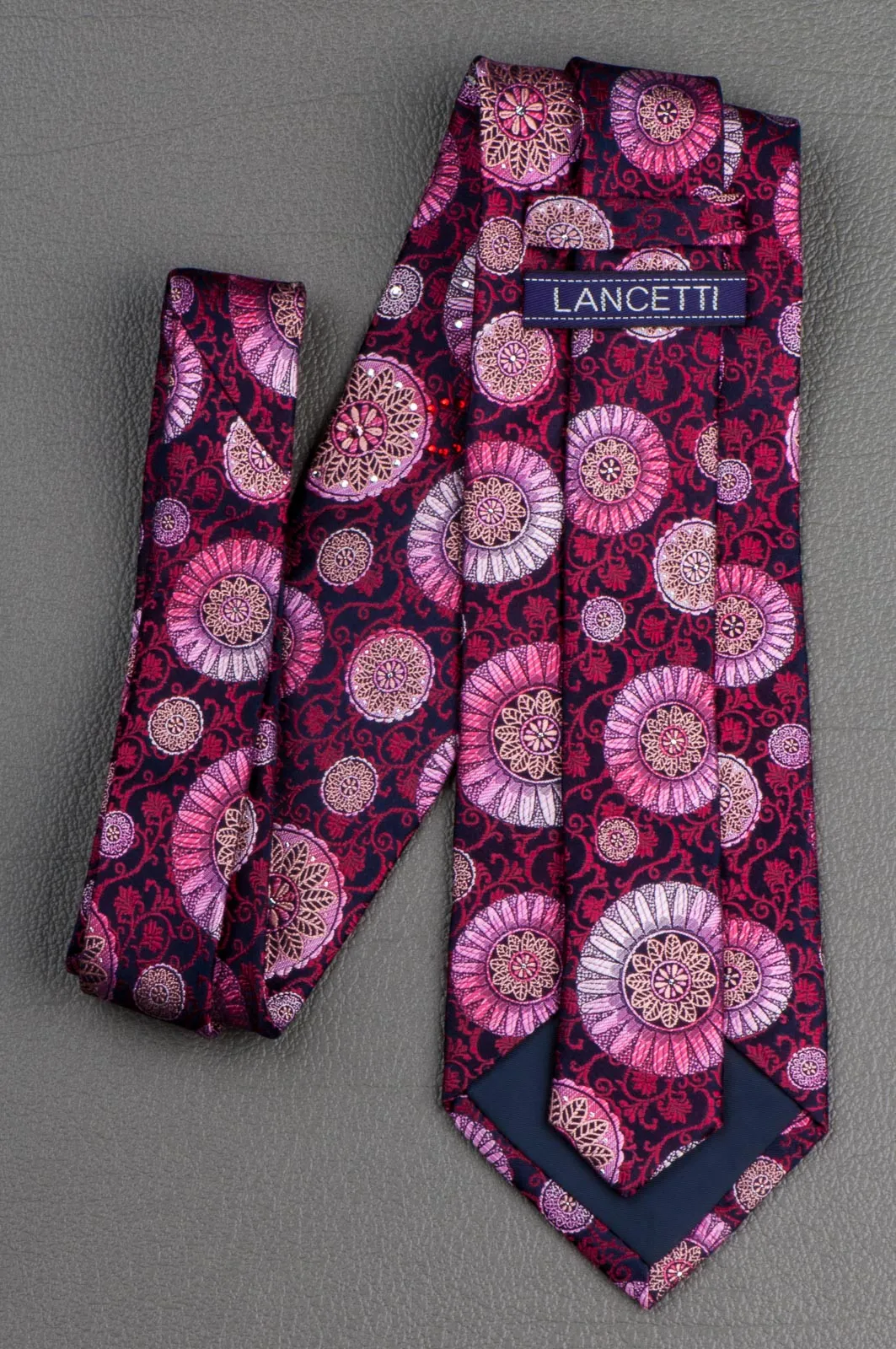 Lancetti Rhinestone Silk Neck Tie Silver Pink Madalions & Red Vines On Burgundy