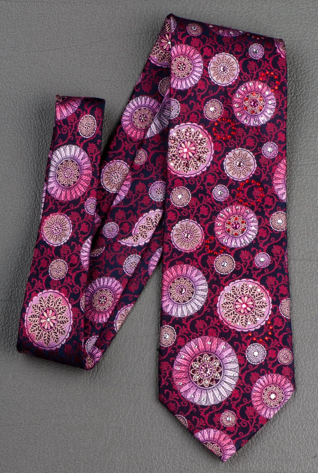 Lancetti Rhinestone Silk Neck Tie Silver Pink Madalions & Red Vines On Burgundy