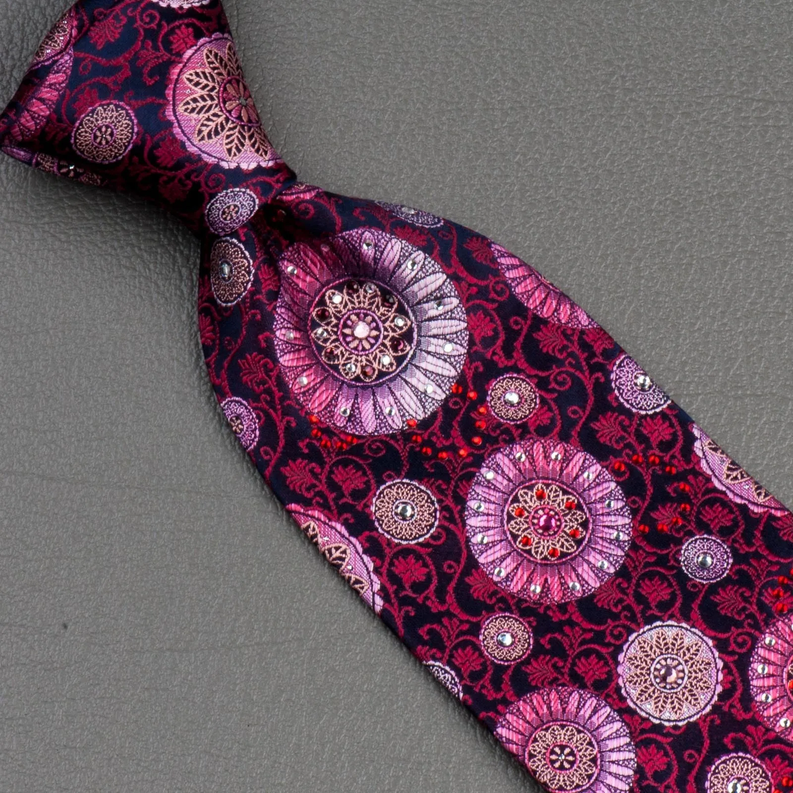 Lancetti Rhinestone Silk Neck Tie Silver Pink Madalions & Red Vines On Burgundy