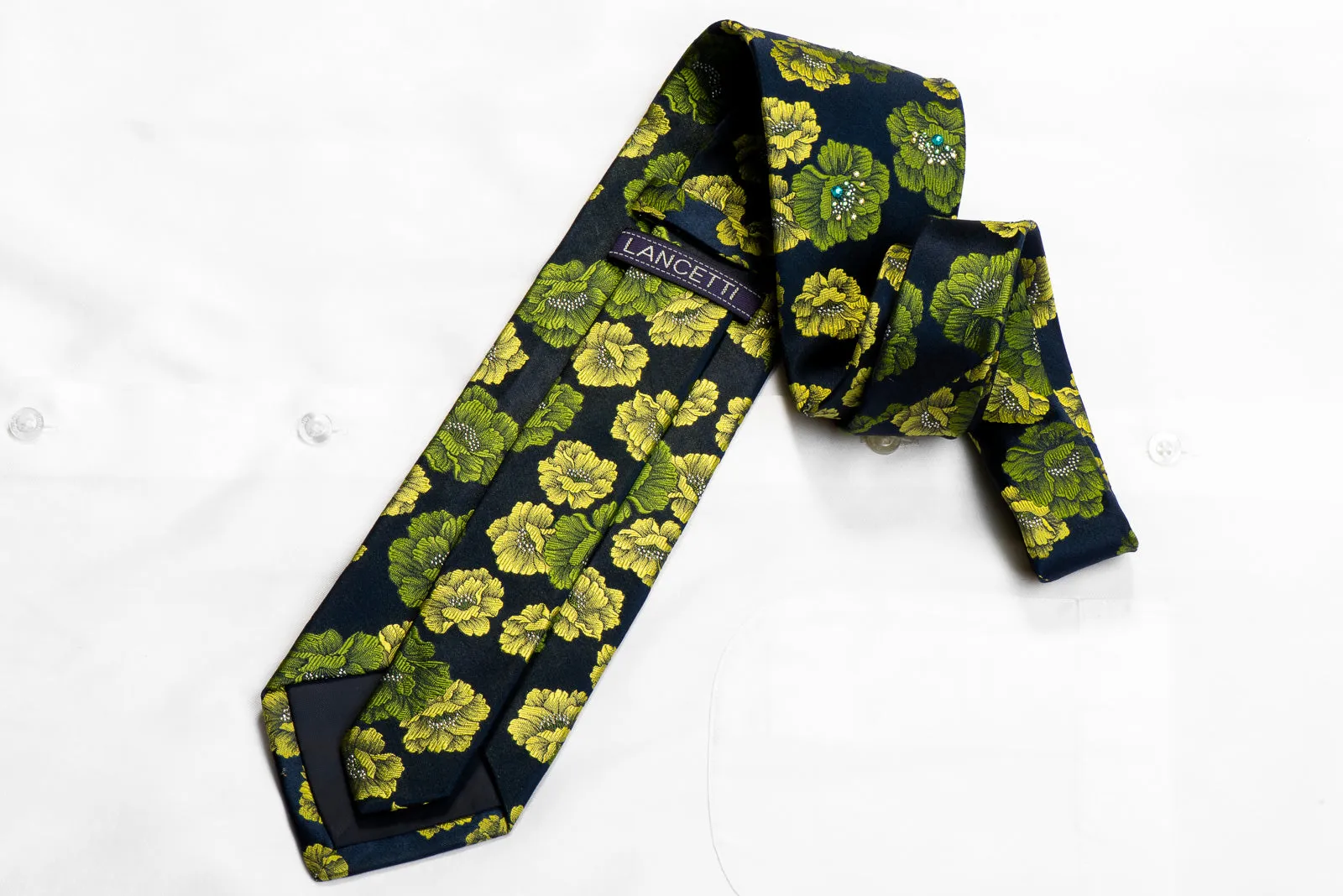 Lancetti Rhinestone Silk Necktie Green Floral On Navy With Sparkles