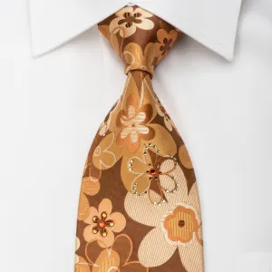 Lancetti Silk Necktie Floral On Brown Sparkling With Rhinestones