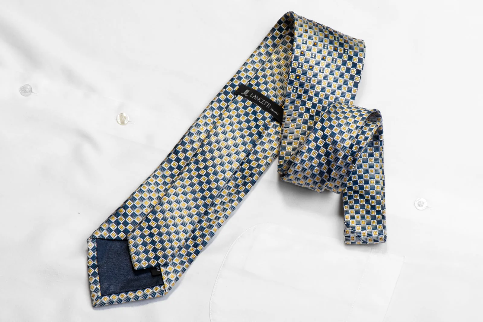 Lancetti Silk Tie Silver Blue Gold Checkered With Gold Sparkles