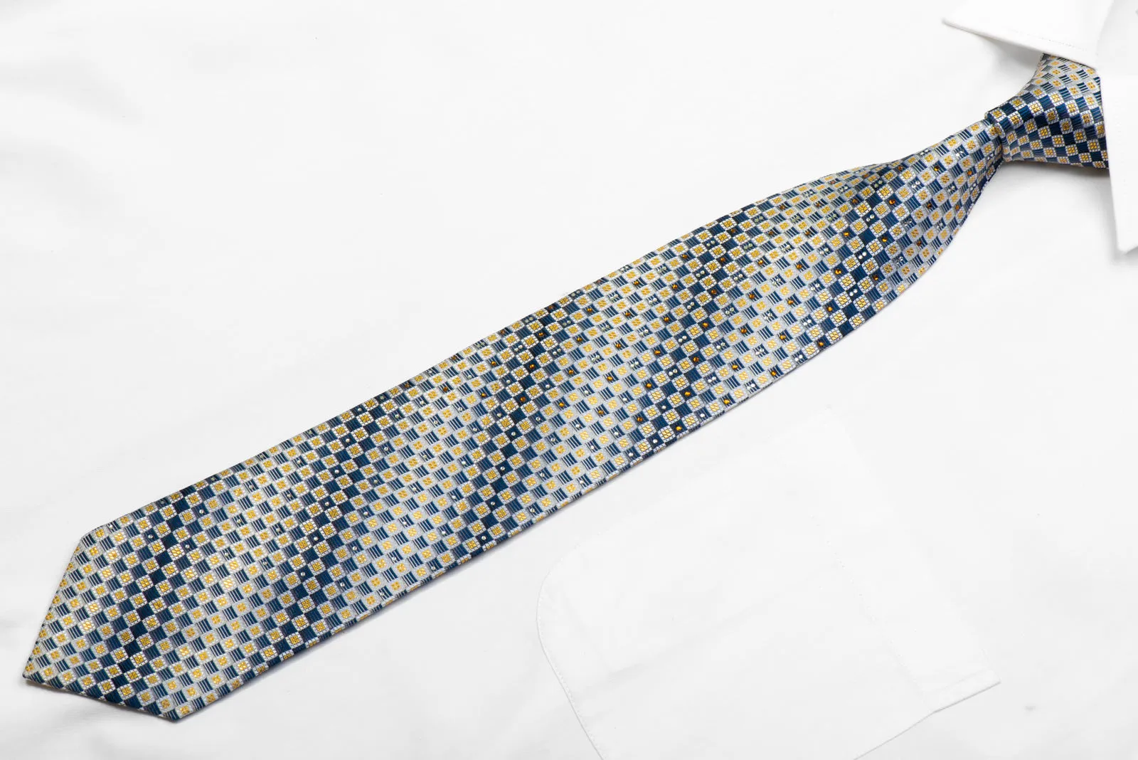 Lancetti Silk Tie Silver Blue Gold Checkered With Gold Sparkles