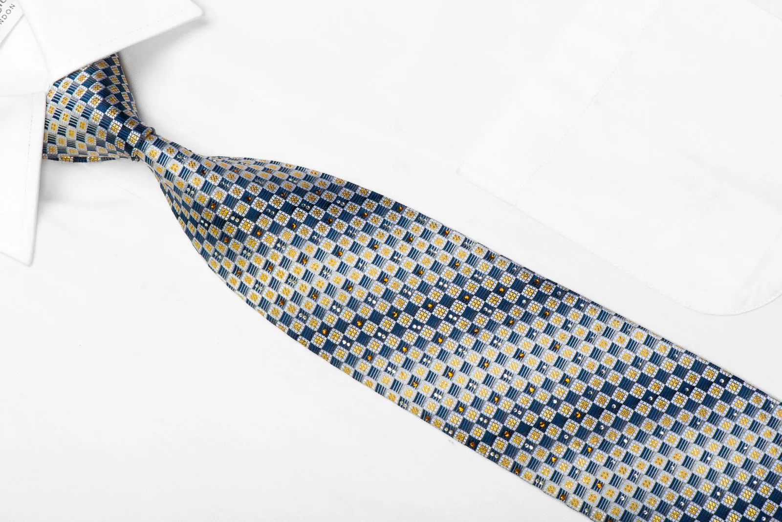 Lancetti Silk Tie Silver Blue Gold Checkered With Gold Sparkles