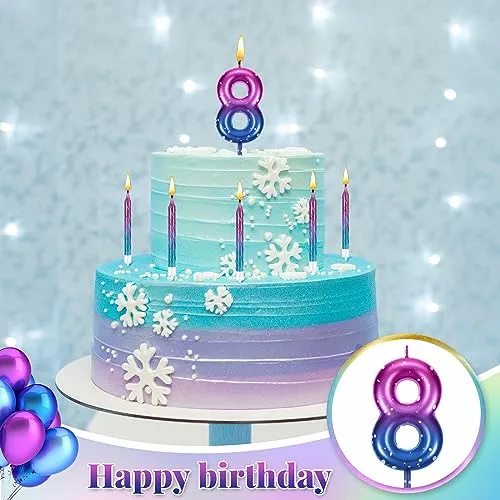 Landhoow 2.36 Inch Birthday Candles Purple to Blue Gradient Candle with 12 Pcs Gradient Spiral Candle for Baby Birthday Cake Topper Anniversary Wedding Party Decor (Number 8)