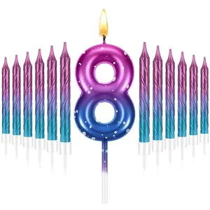 Landhoow 2.36 Inch Birthday Candles Purple to Blue Gradient Candle with 12 Pcs Gradient Spiral Candle for Baby Birthday Cake Topper Anniversary Wedding Party Decor (Number 8)