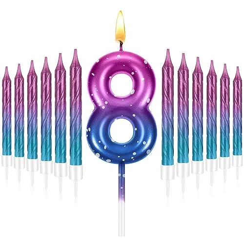 Landhoow 2.36 Inch Birthday Candles Purple to Blue Gradient Candle with 12 Pcs Gradient Spiral Candle for Baby Birthday Cake Topper Anniversary Wedding Party Decor (Number 8)