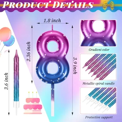 Landhoow 2.36 Inch Birthday Candles Purple to Blue Gradient Candle with 12 Pcs Gradient Spiral Candle for Baby Birthday Cake Topper Anniversary Wedding Party Decor (Number 8)